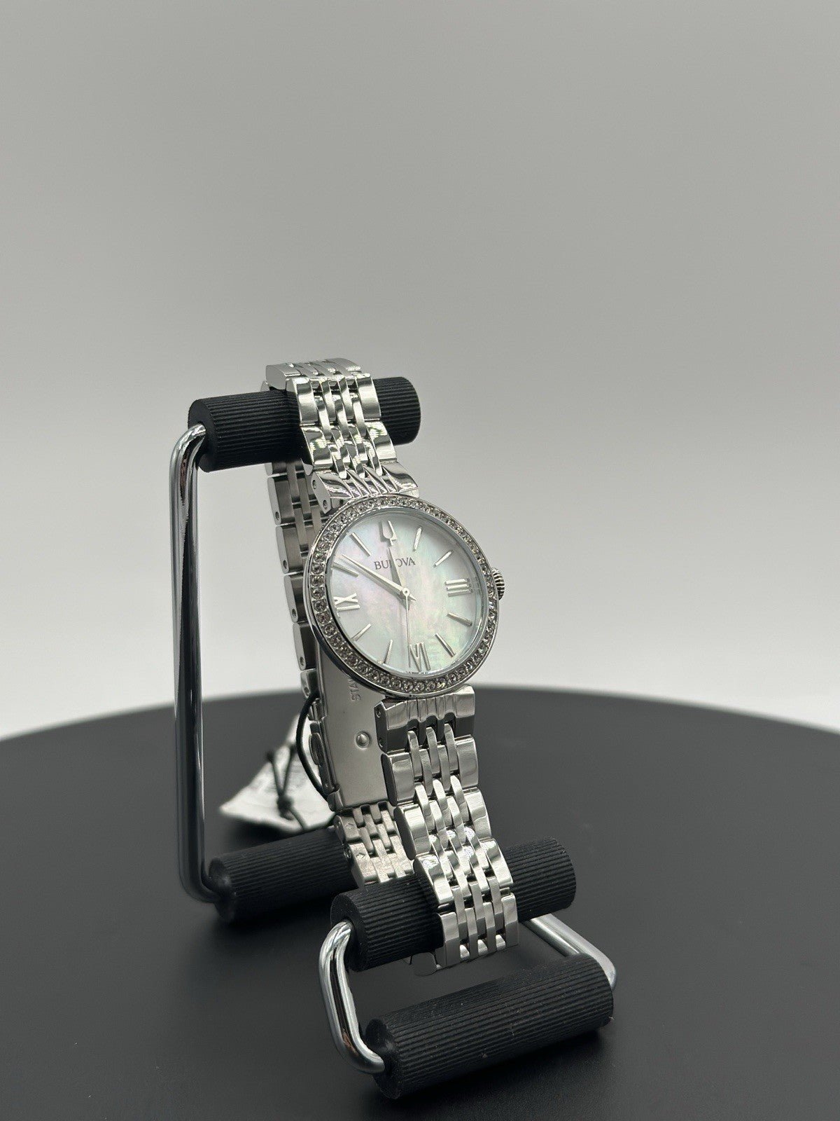 Bulova Women's Crystals Earrings Necklace Watch Set Silver 30MM 96X149