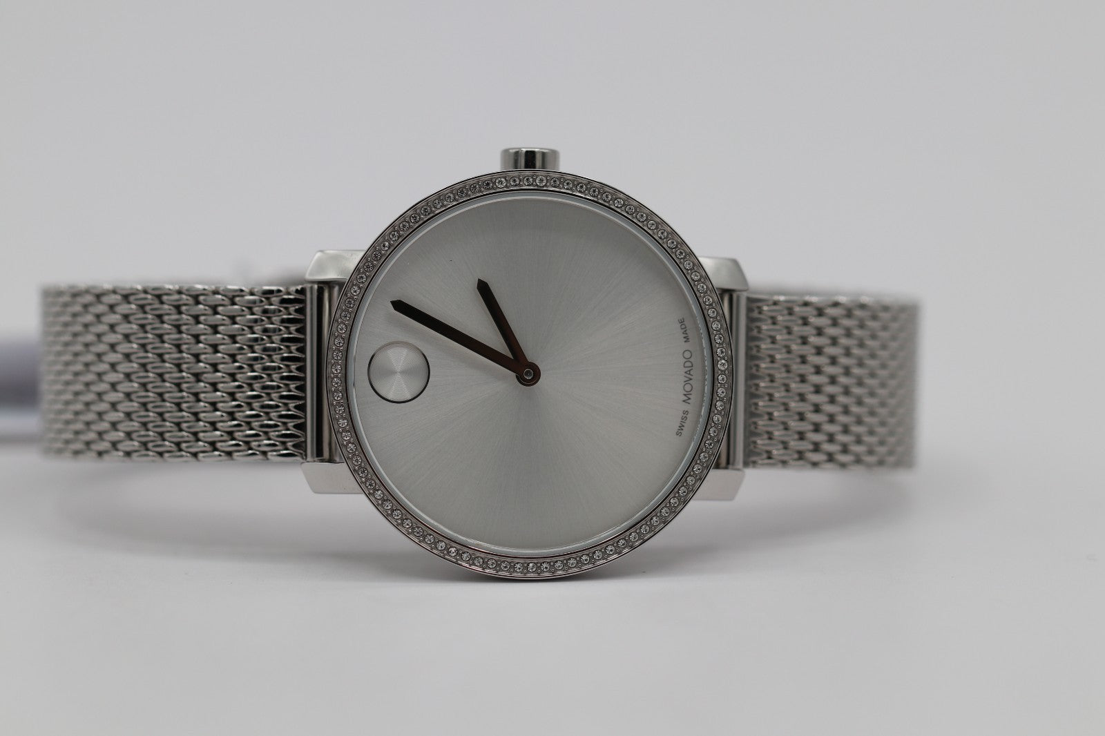 Movado Bold 3600840 Shimmer Silver Dial Mesh Band Crystal Accented Ladies Watch