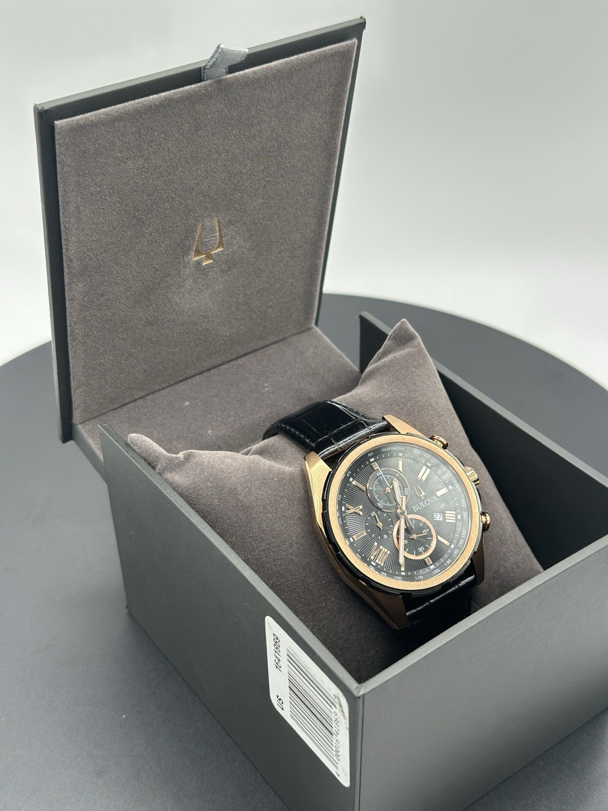 Bulova 98B388 39mm Rose Gold-Tone Stainless Steel Case with Black Leather Strap