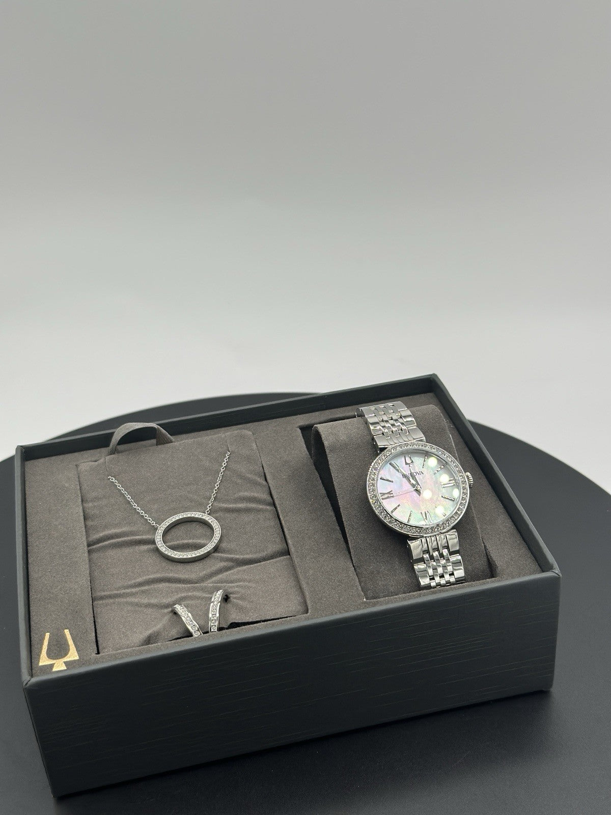 Bulova Women's Crystals Earrings Necklace Watch Set Silver 30MM 96X149