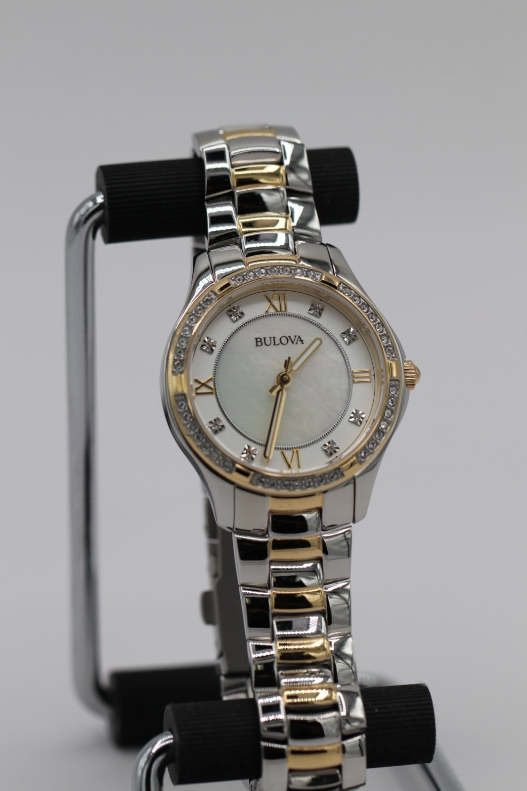 Bulova Crystal Watch Women 32mm MOP Dial Two Tone Crystal Bezel 98L255 A12