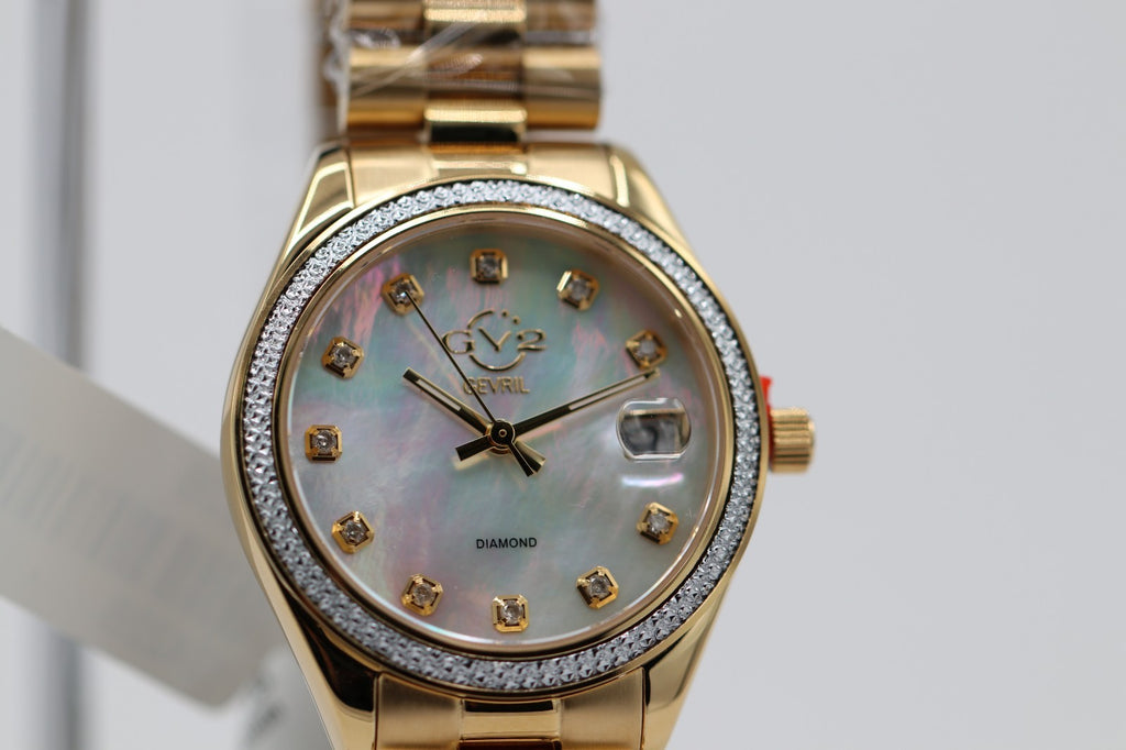 GV2 by Gevril Womens 12422B Turin Diamond MOP Dial IPYG Steel Swiss Quartz Watch