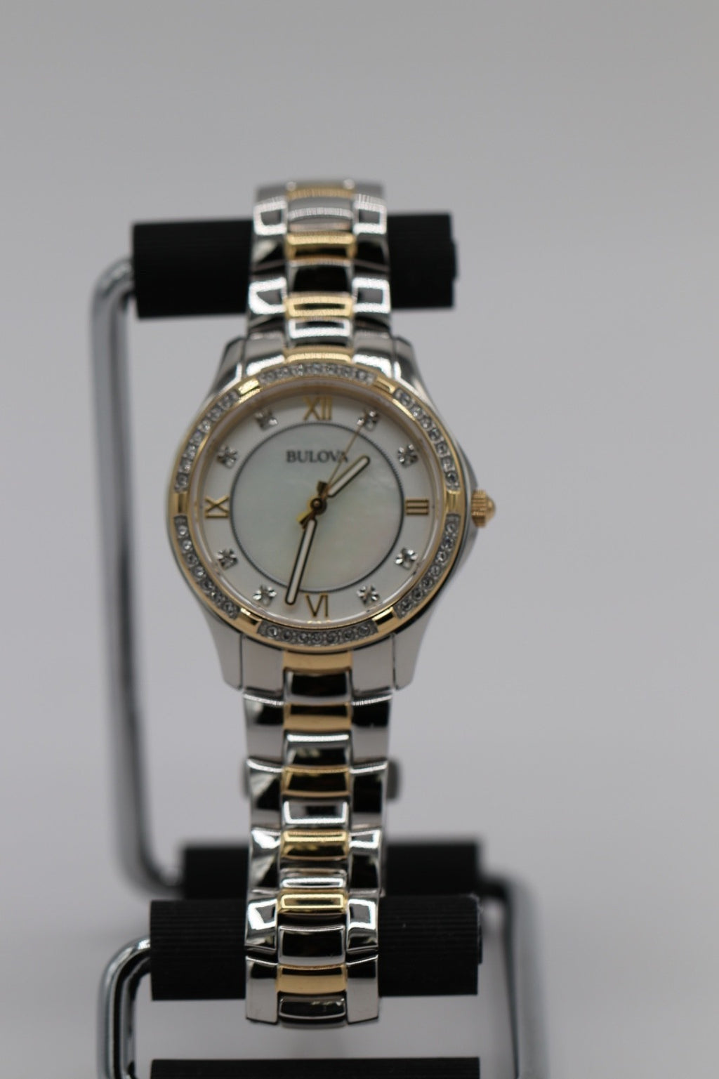 Bulova Crystal Watch Women 32mm MOP Dial Two Tone Crystal Bezel 98L255 A12