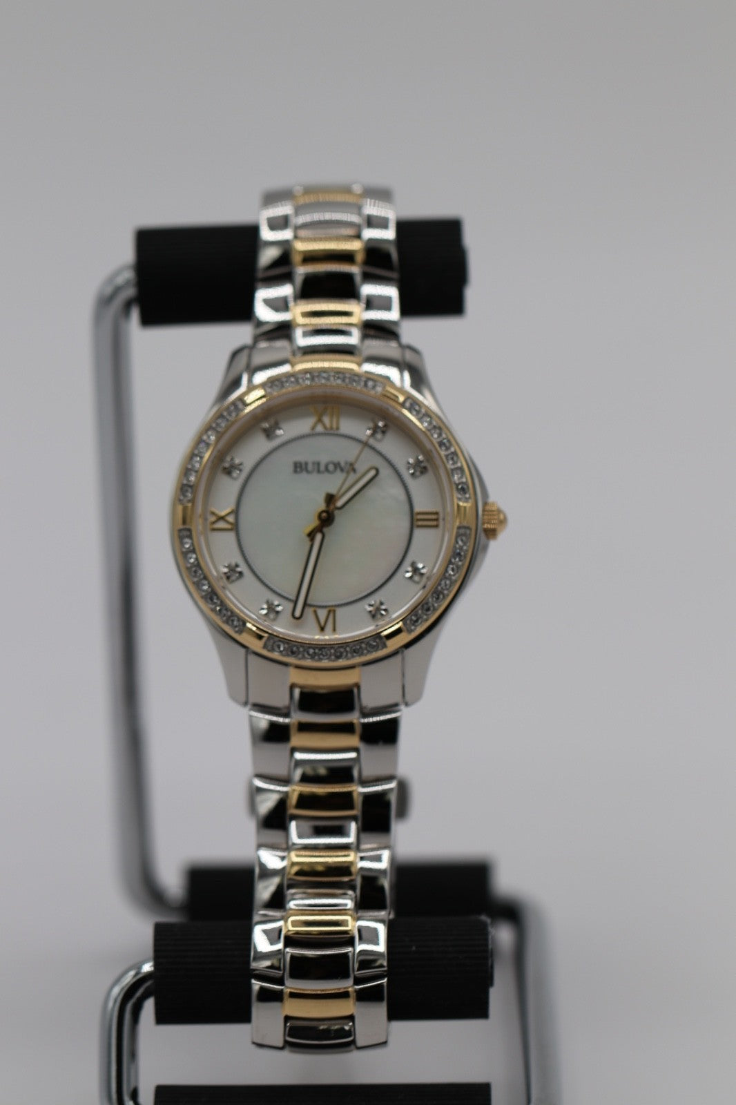 Bulova Crystal Watch Women 32mm MOP Dial Two Tone Crystal Bezel 98L255 A12