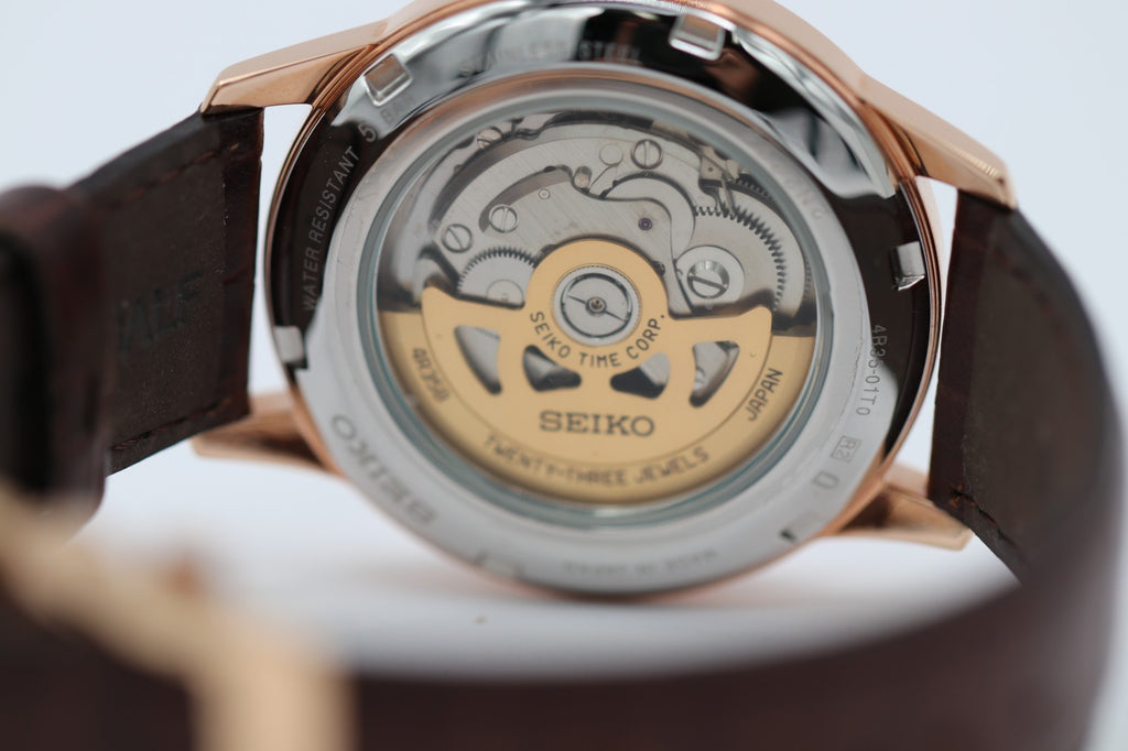 Seiko Men's Presage Automatic Rose Gold Stainless Steel Leather Watch SRPB46