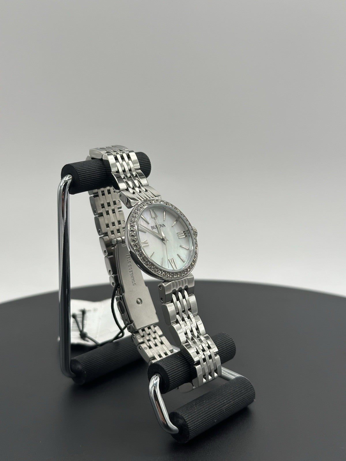 Bulova Women's Crystals Earrings Necklace Watch Set Silver 30MM 96X149