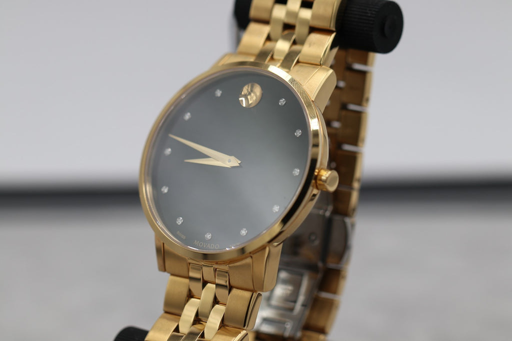 Movado Museum Series Men's Gold Tone Black Dial Diamond Quartz Watch 0607625