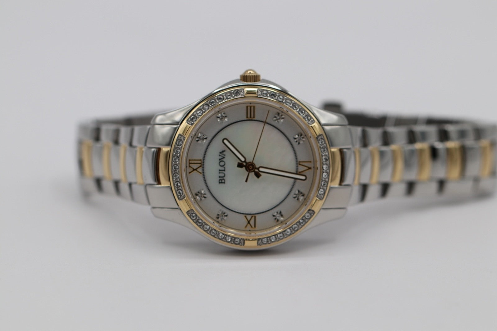 Bulova Crystal Watch Women 32mm MOP Dial Two Tone Crystal Bezel 98L255 A12