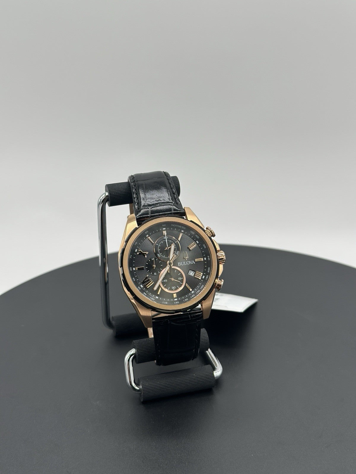 Bulova 98B388 39mm Rose Gold-Tone Stainless Steel Case with Black Leather Strap