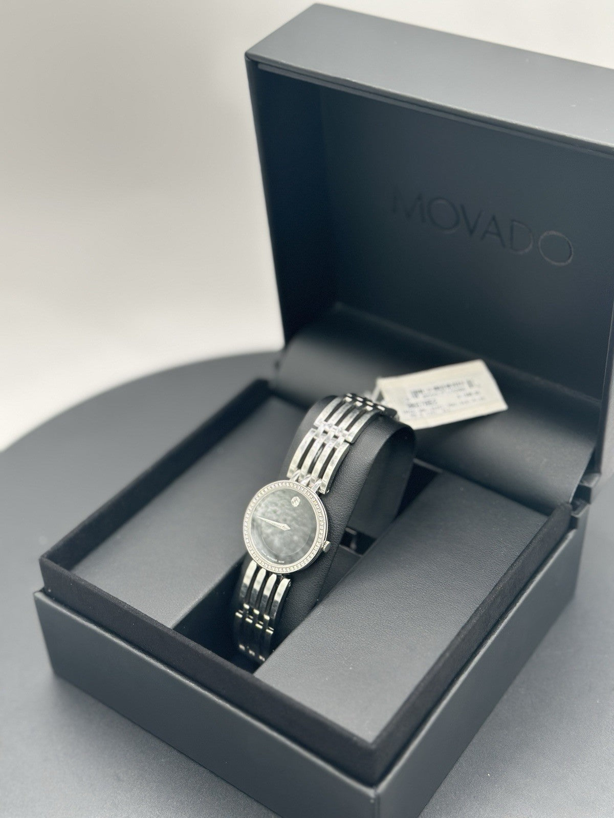 Movado Womens Watch 0607052 Esperanza Diamond Black Dial Swiss Quartz Steel 28mm