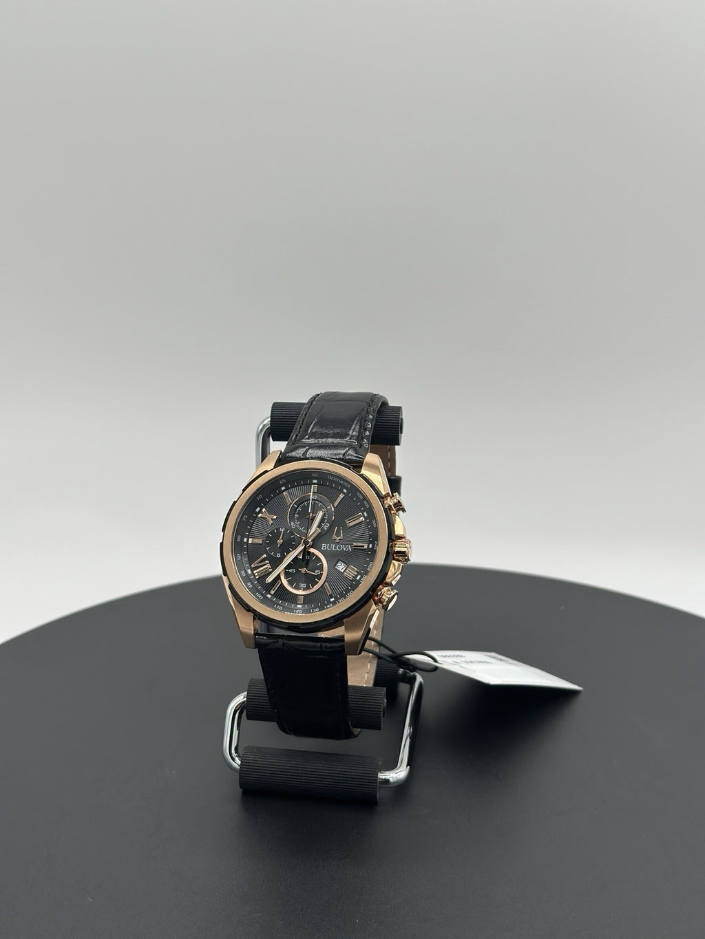 Bulova 98B388 39mm Rose Gold-Tone Stainless Steel Case with Black Leather Strap