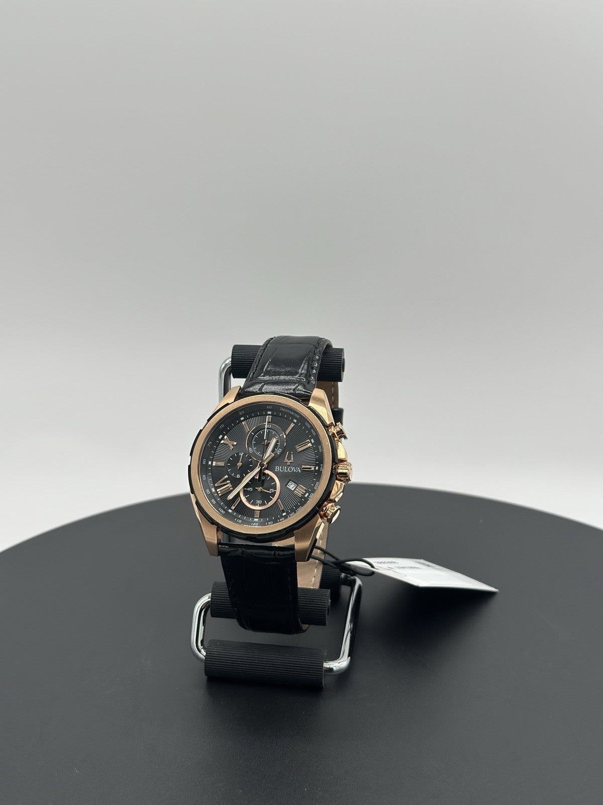 Bulova 98B388 39mm Rose Gold-Tone Stainless Steel Case with Black Leather Strap