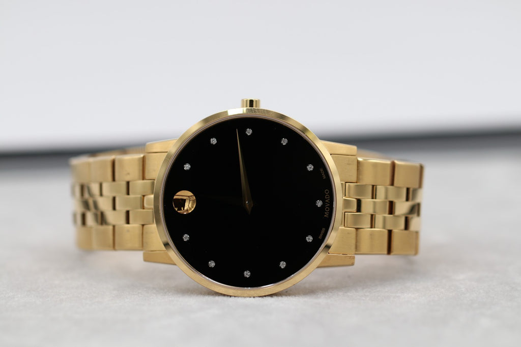 Movado Museum Series Men's Gold Tone Black Dial Diamond Quartz Watch 0607625