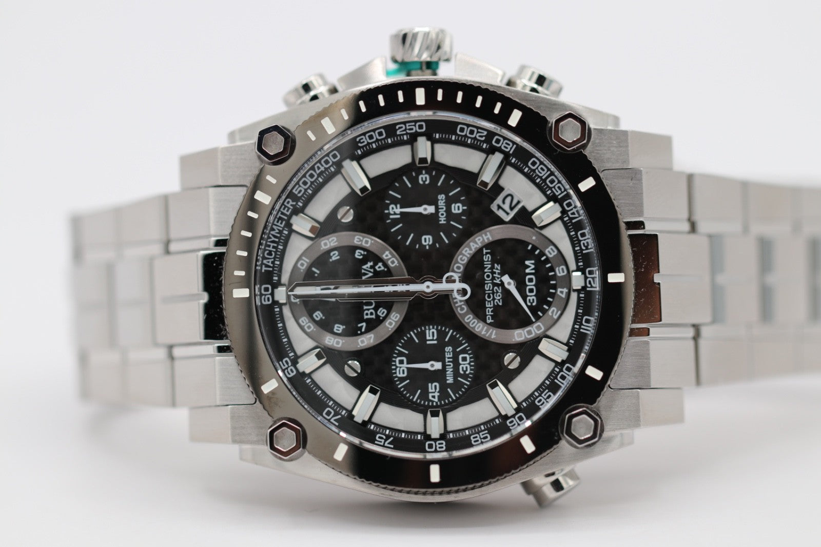 Bulova Precisionist Men's Chronograph Calendar Quartz Silver Watch 46 MM 98B405