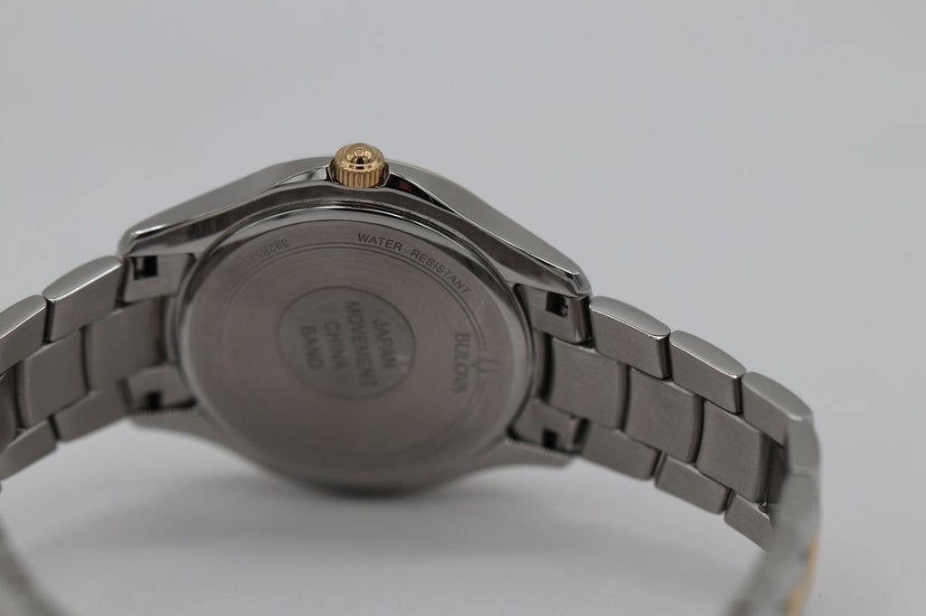 Bulova Crystal Watch Women 32mm MOP Dial Two Tone Crystal Bezel 98L255 A12