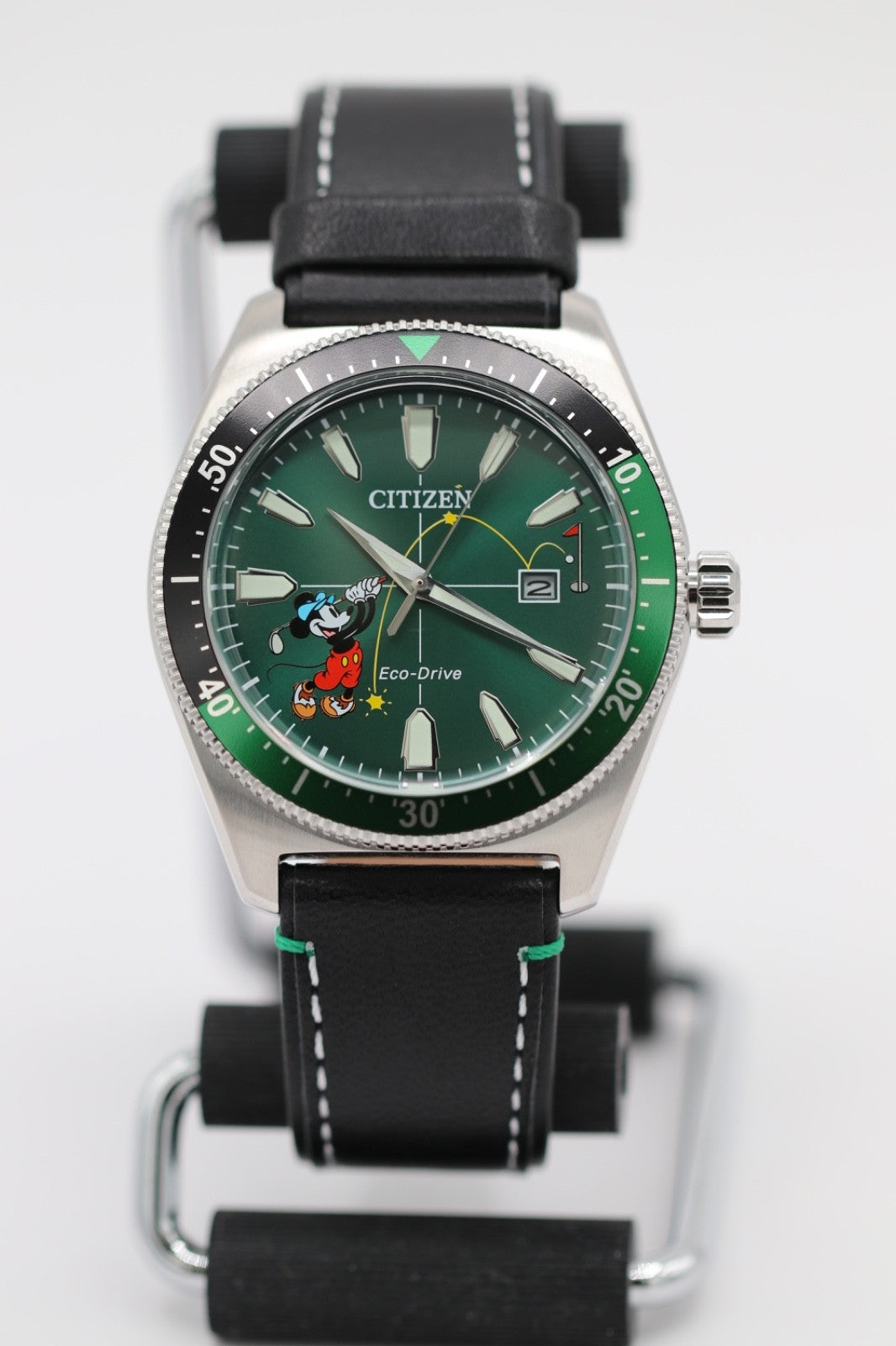 Citizen AW1595-01W Eco-Drive Mickey Mouse Watch Green Dial Black Leather Strap