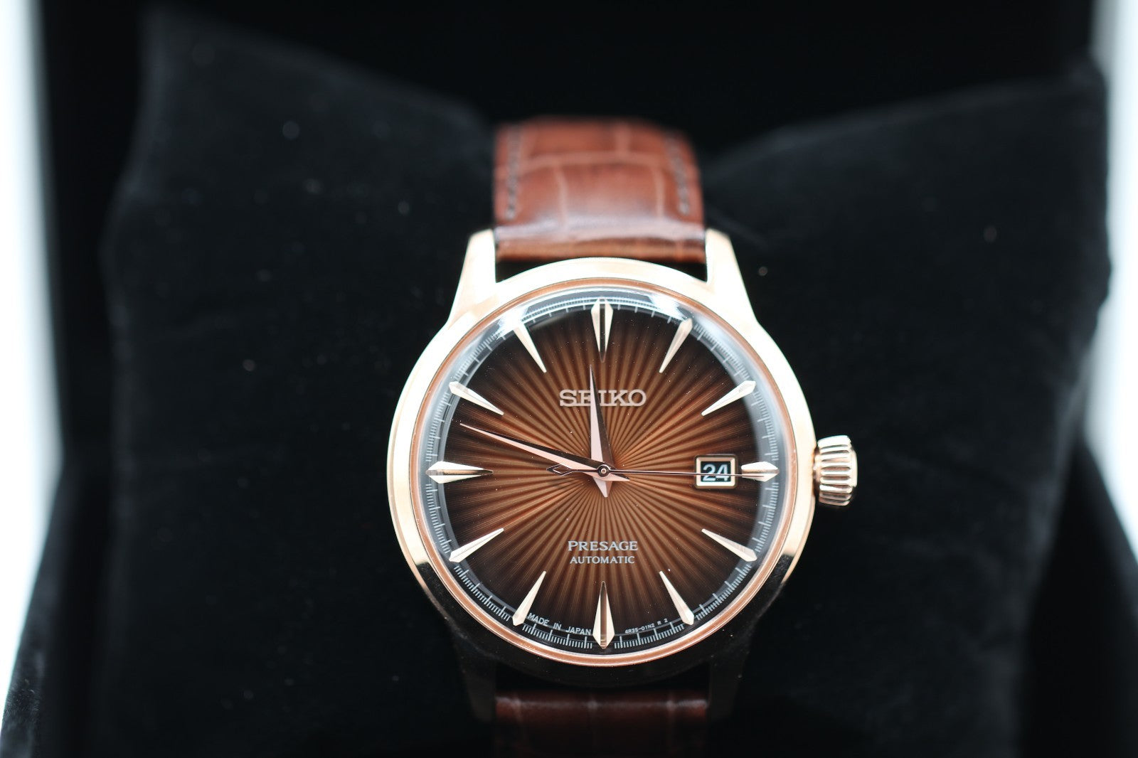 Seiko Men's Presage Automatic Rose Gold Stainless Steel Leather Watch SRPB46