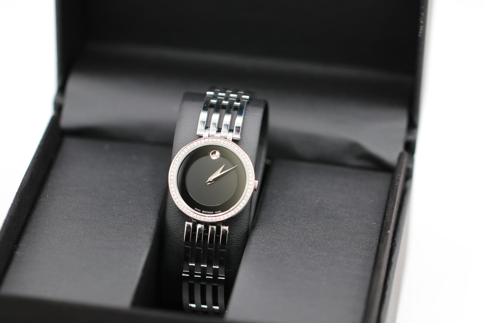 Movado Womens Watch 0607052 Esperanza Diamond Black Dial Swiss Quartz Steel 28mm