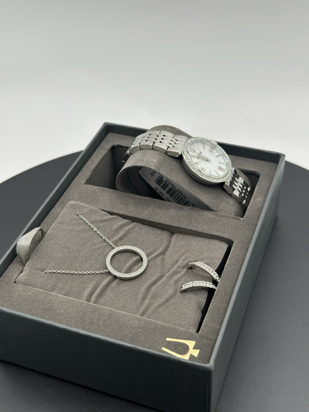 Bulova Women's Crystals Earrings Necklace Watch Set Silver 30MM 96X149