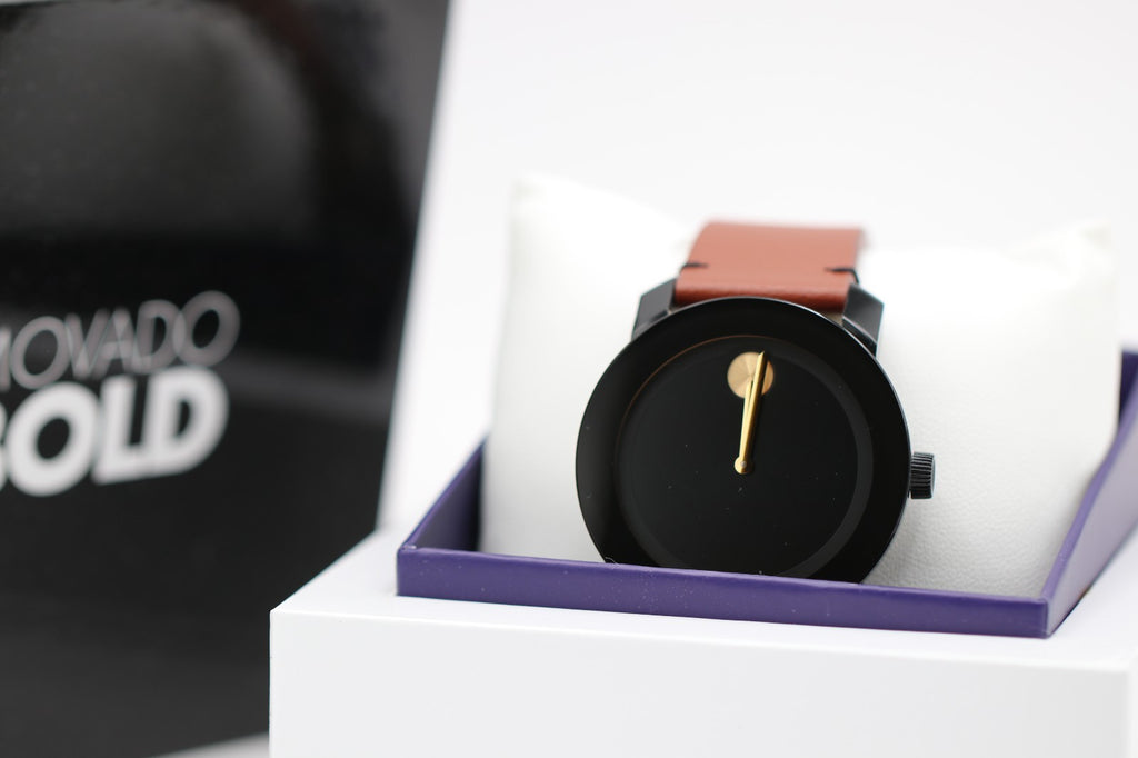 MOVADO BOLD 3600305 42mm Black Stainless Steel Case Brown Leather Band