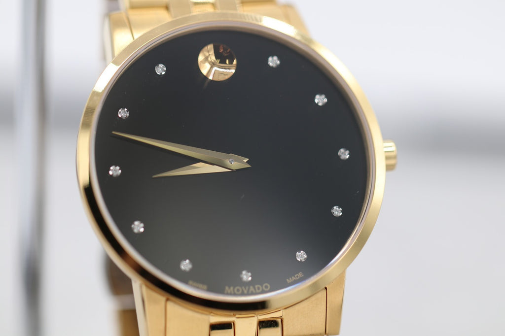 Movado Museum Series Men's Gold Tone Black Dial Diamond Quartz Watch 0607625