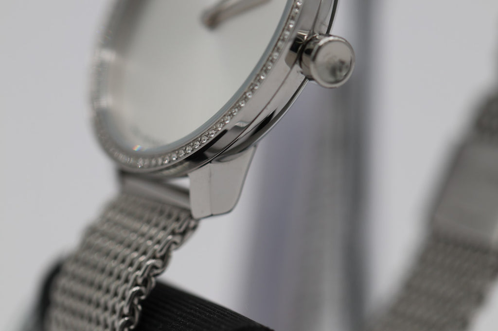 Movado Bold 3600840 Shimmer Silver Dial Mesh Band Crystal Accented Ladies Watch