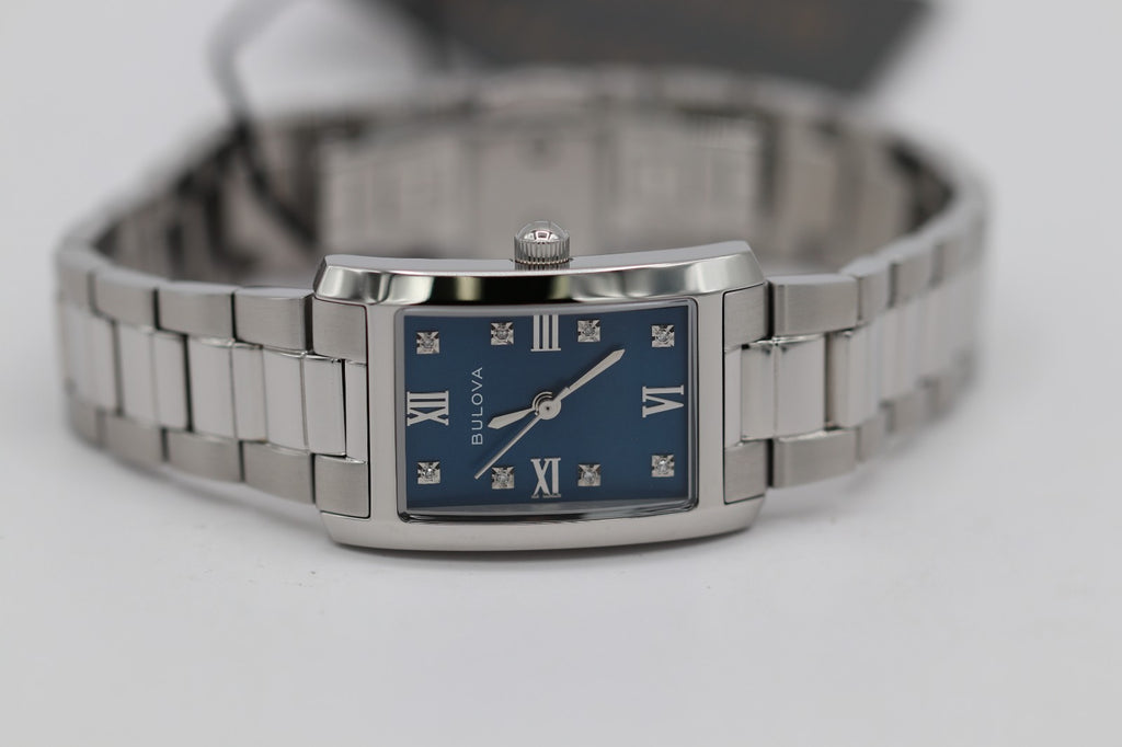 Bulova Classic Blue Abalone Diamond Ladies Tank Watch 96P262 Stainless Quartz