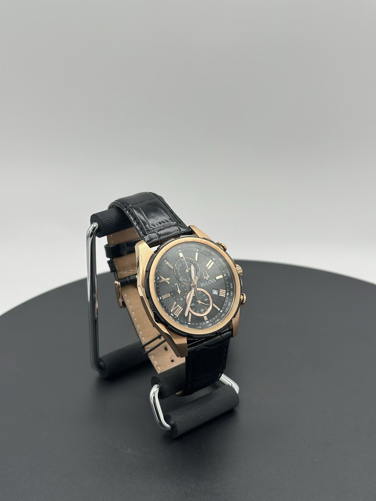 Bulova 98B388 39mm Rose Gold-Tone Stainless Steel Case with Black Leather Strap