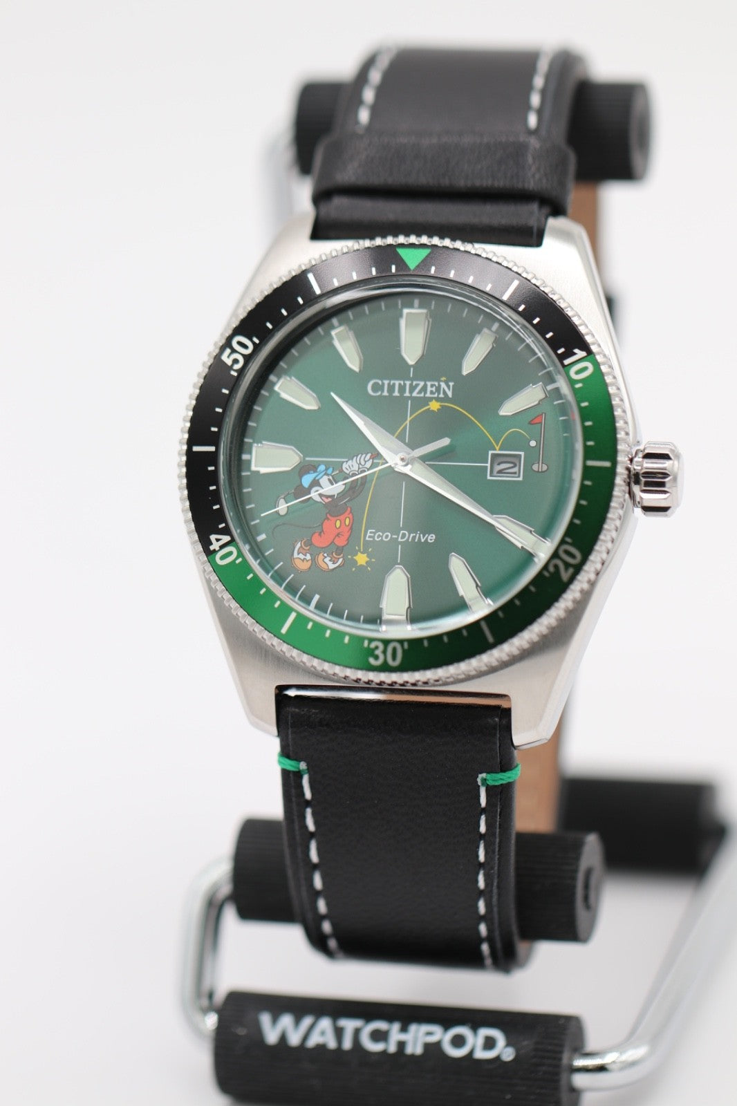 Citizen AW1595-01W Eco-Drive Mickey Mouse Watch Green Dial Black Leather Strap