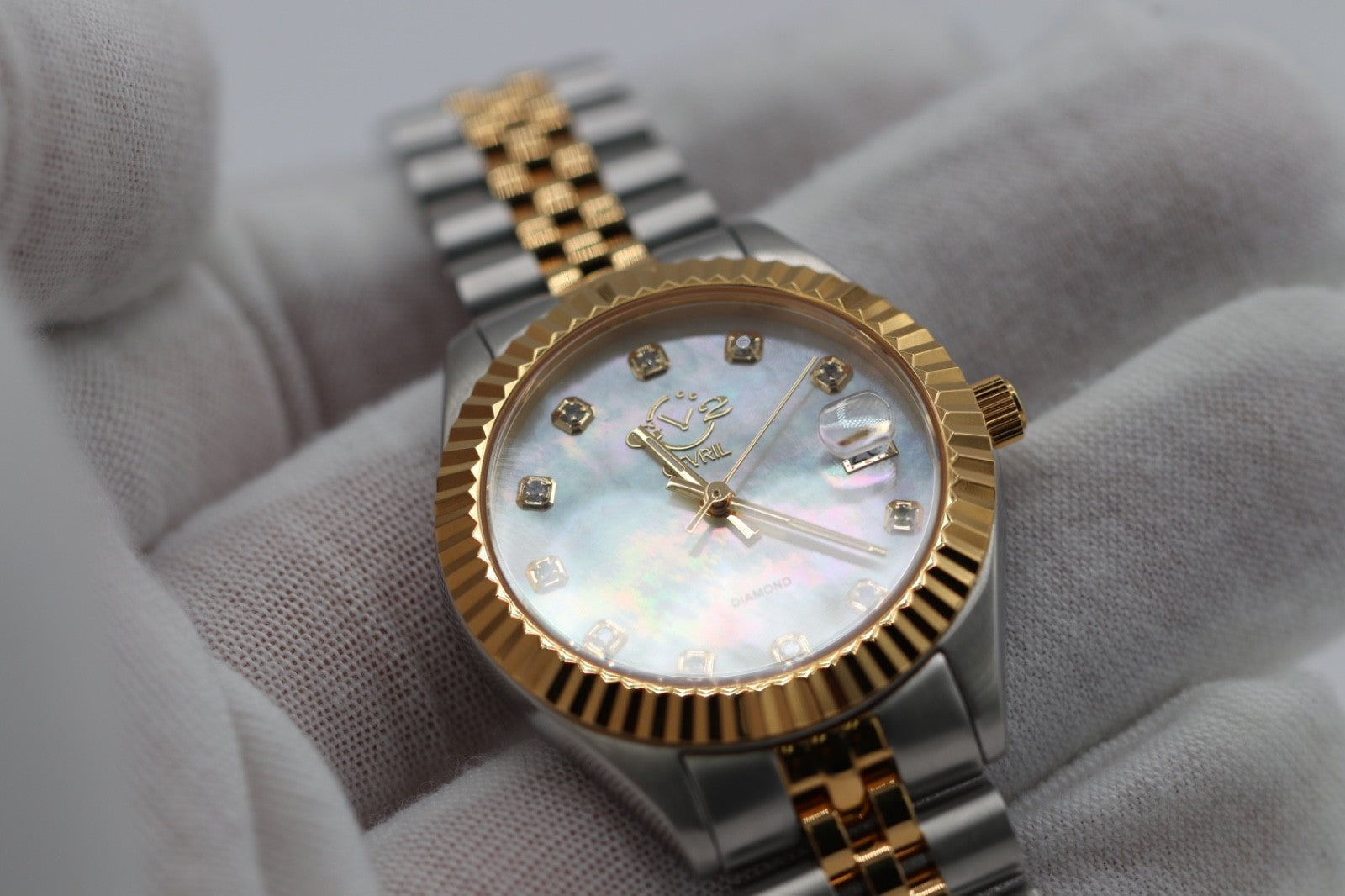 GV2 By Gevril Women's 12404 Naples Diamand White MOP Dial Two Tone Watch