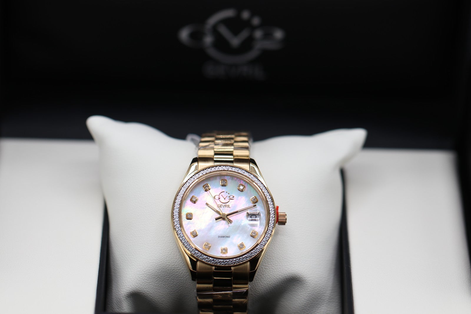 GV2 by Gevril Womens 12422B Turin Diamond MOP Dial IPYG Steel Swiss Quartz Watch