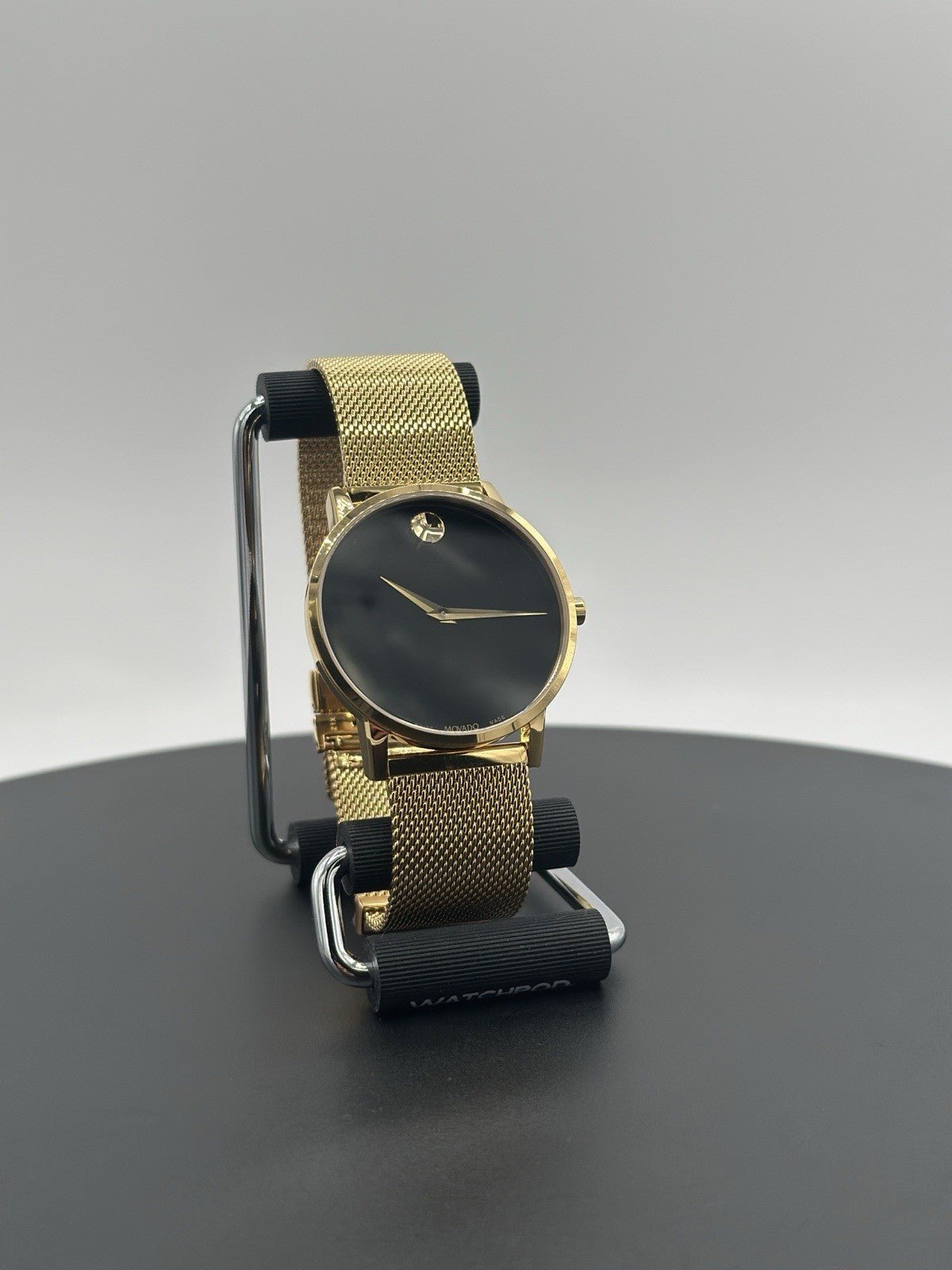 Movado Museum Watch Men 40mm Black Dial Gold Case Round Mesh Band 0607396