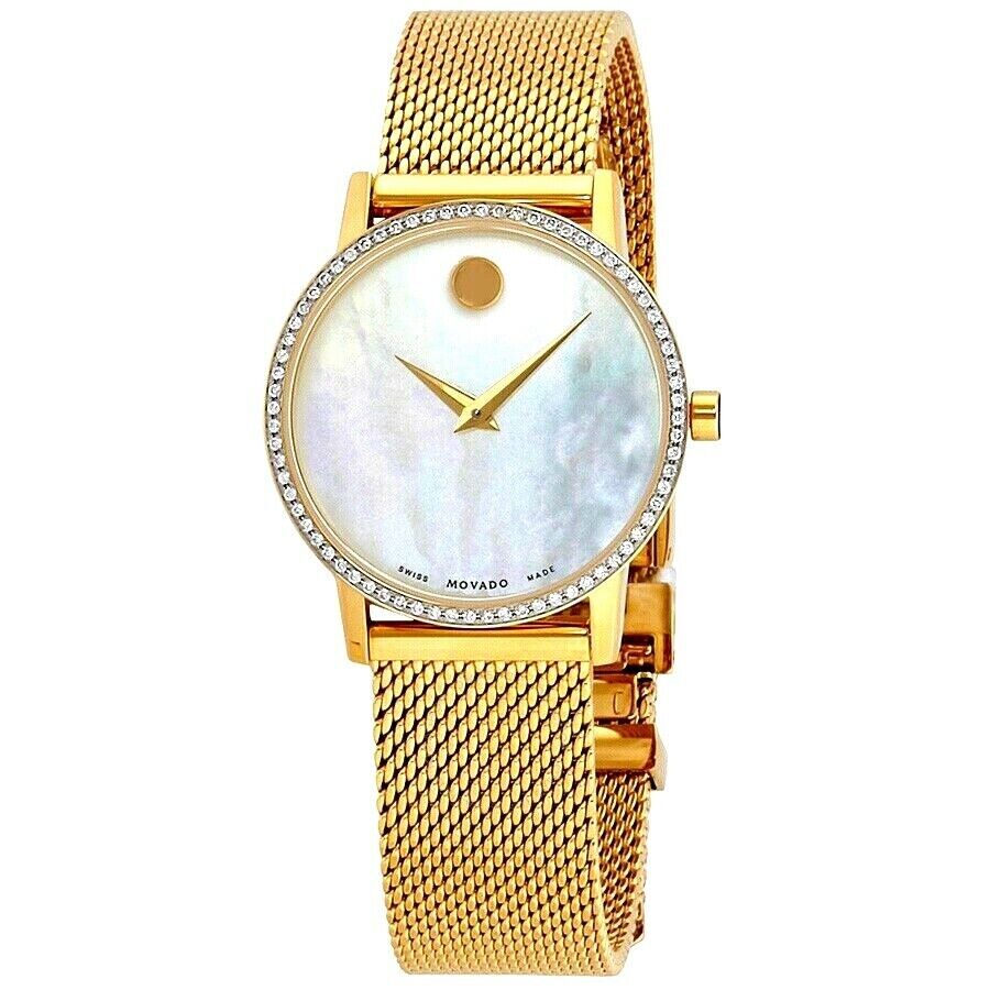 Movado Women's Watch 0607307 White MOP Dial Swiss Quartz Diamond Gold Mesh Band
