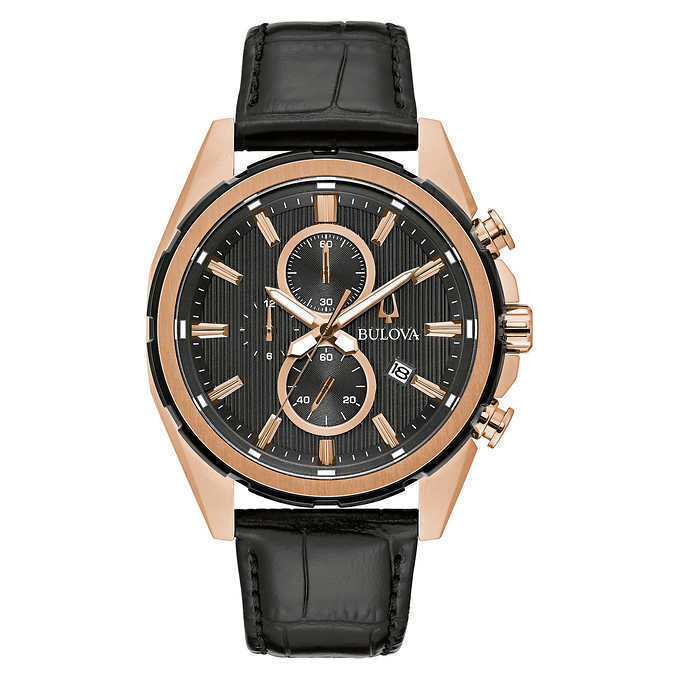 Bulova 98B388 39mm Rose Gold-Tone Stainless Steel Case with Black Leather Strap